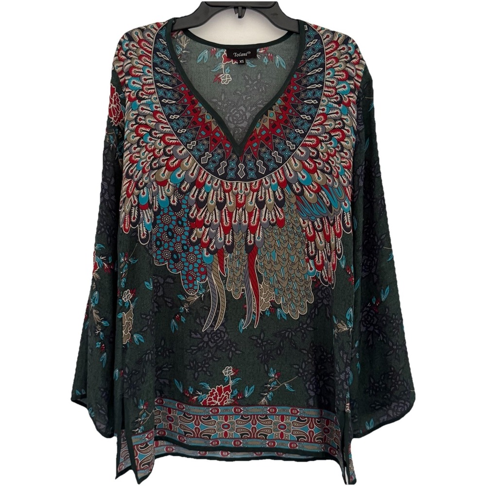TOLANI Blouse Womens XS 100% Silk Popover Top Peasant Oriental Fairy Office Boho
